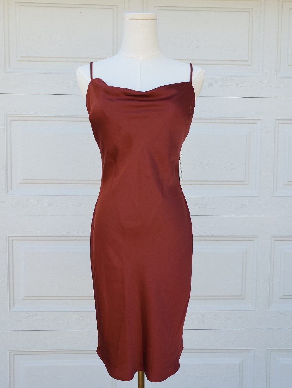 Express Satin Cowl Neck Slip Dress in Rust Brown Copper S NWT